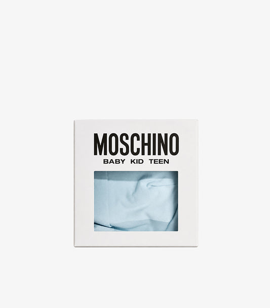 Moschino Baby Kid Teen blue baby hat and bib gift set in official branded gift box.