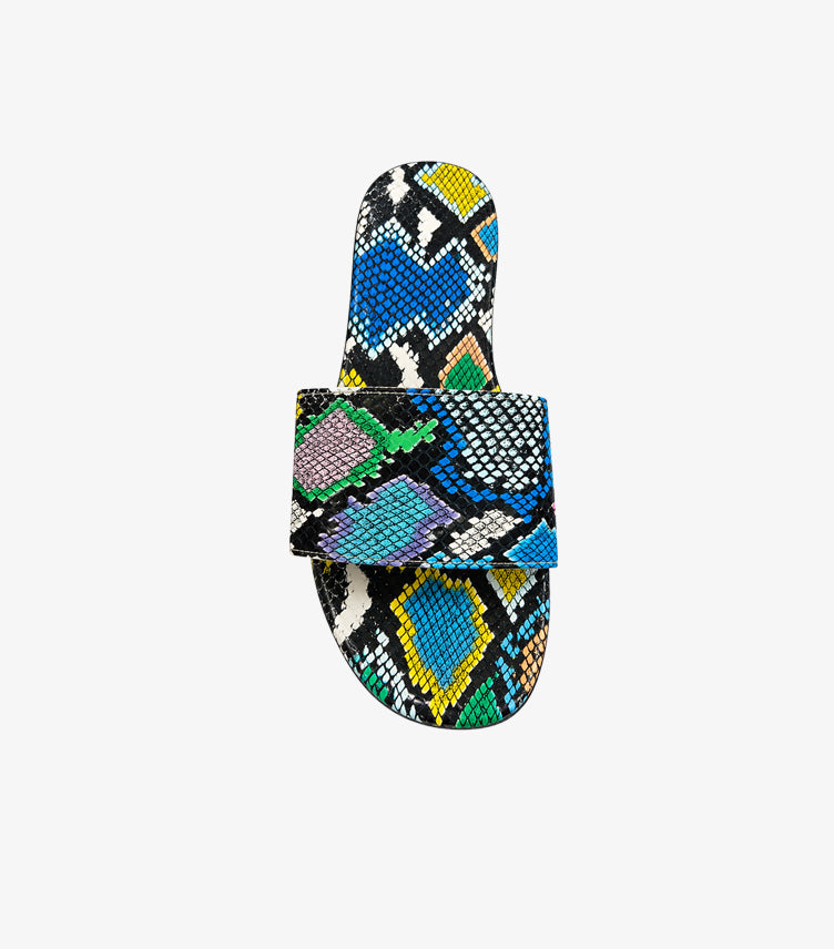 Top view of SHEIN women’s multicolour reptile-print flat slide with an open-toe design