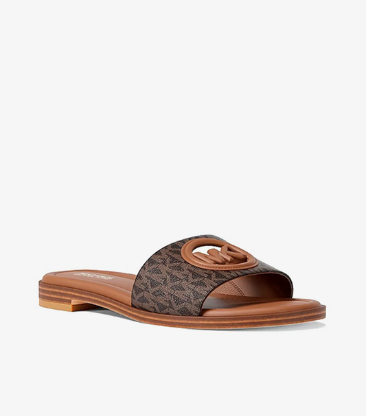 Michael Kors Carissa Signature MK Monogram Logo Slide Sandal in Brown Canvas with Bold MK Logo Strap Accent – Front Product View