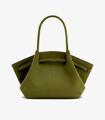Back view of JW PEI Hana medium tote bag showing the clean faux-suede finish and structured side panels