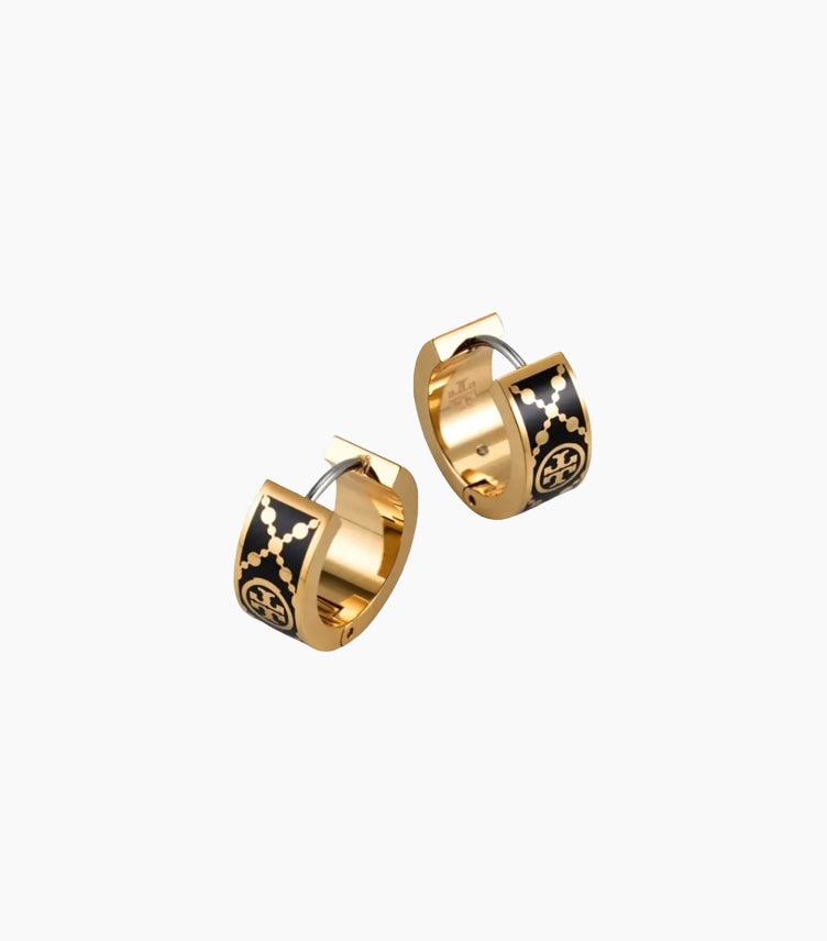 TORY BURCH BLACK AND GOLD T-MONOGRAM HUGGIE EARRINGS