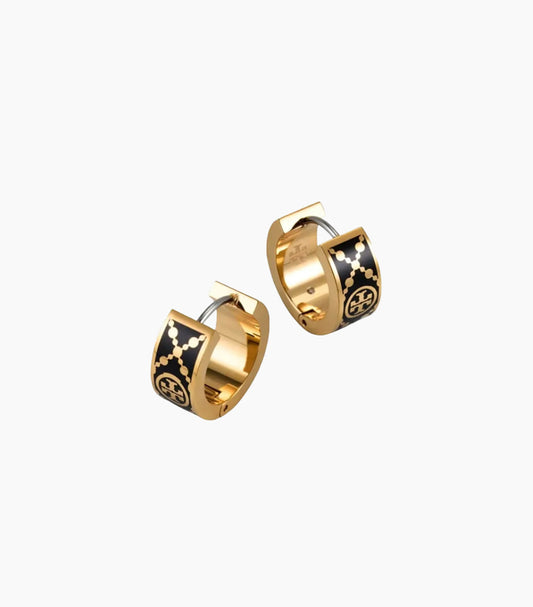 TORY BURCH BLACK AND GOLD T-MONOGRAM HUGGIE EARRINGS