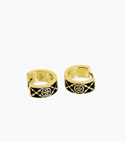 TORY BURCH BLACK AND GOLD T-MONOGRAM HUGGIE EARRINGS