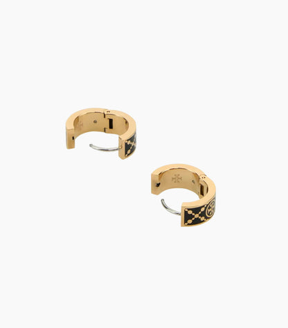 TORY BURCH BLACK AND GOLD T-MONOGRAM HUGGIE EARRINGS