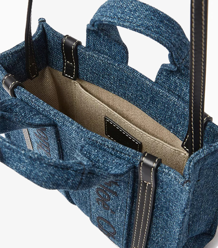 CHLOE WOODY NANO TOTE BAG – DENIM BLUE | LUXURY MINI CROSSBODY TOTE WITH LOGO DETAIL