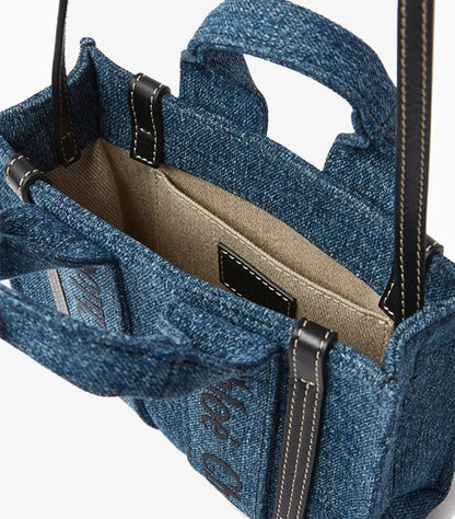 CHLOE WOODY NANO TOTE BAG – DENIM BLUE | LUXURY MINI CROSSBODY TOTE WITH LOGO DETAIL