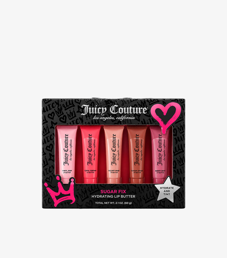 Juicy Couture Sugar Fix Hydrating Lip Butter Gift Set featuring five tinted lip butters in black and pink packaging.