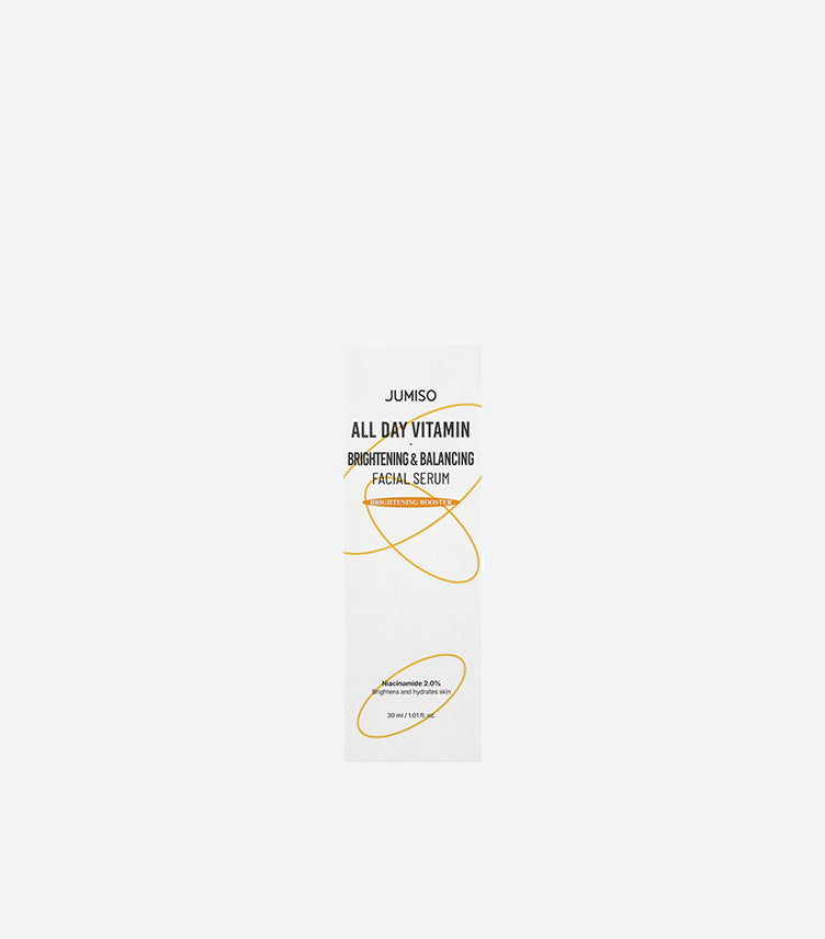 Jumiso All Day Vitamin Brightening and Balancing Facial Serum 30ml White Box with Niacinamide 2.0% Brightening Booster Label – K-Beauty Korean Skincare Glow Serum Product Box Front View