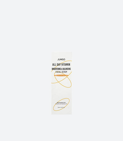 Jumiso All Day Vitamin Brightening and Balancing Facial Serum 30ml White Box with Niacinamide 2.0% Brightening Booster Label – K-Beauty Korean Skincare Glow Serum Product Box Front View
