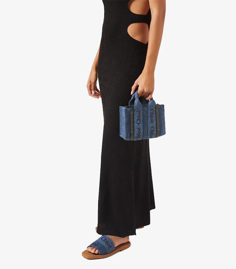 CHLOE WOODY NANO TOTE BAG – DENIM BLUE | LUXURY MINI CROSSBODY TOTE WITH LOGO DETAIL