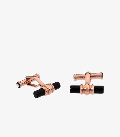 Montblanc rose gold and black barrel cufflinks front view