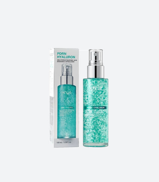 Anua PDRN Hyaluron Hydrating Capsule Mist 100ml – Teal Clear Bottle with Visible Blue Hyaluronic Acid Capsules and Silver Pump Spray Nozzle with Matching White Box – K-Beauty Korean Skincare Face Mist Product Shot