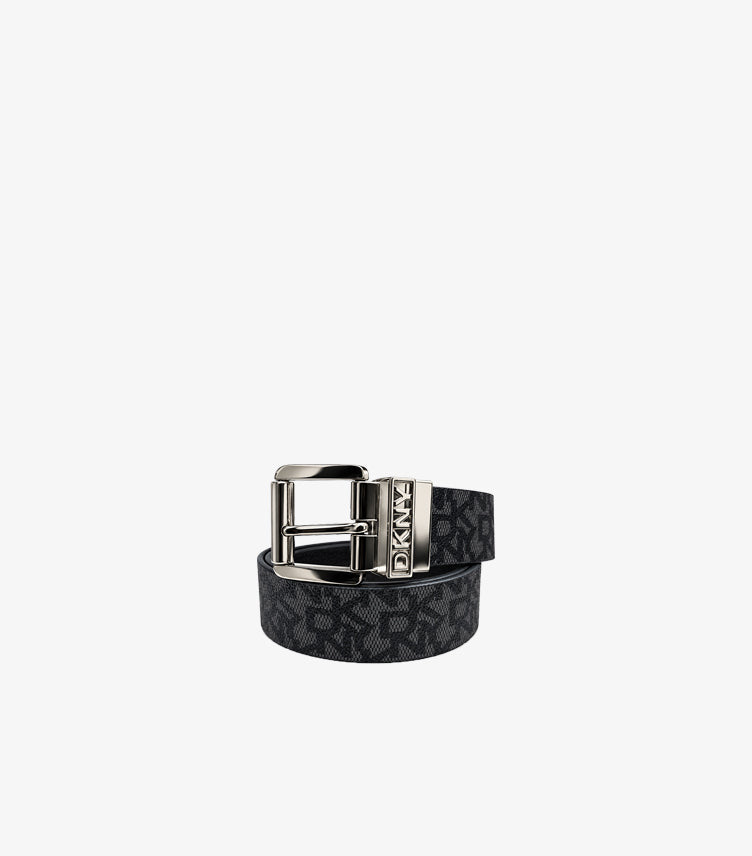 DKNY black monogram logo belt with silver-tone pin buckle and engraved logo keeper