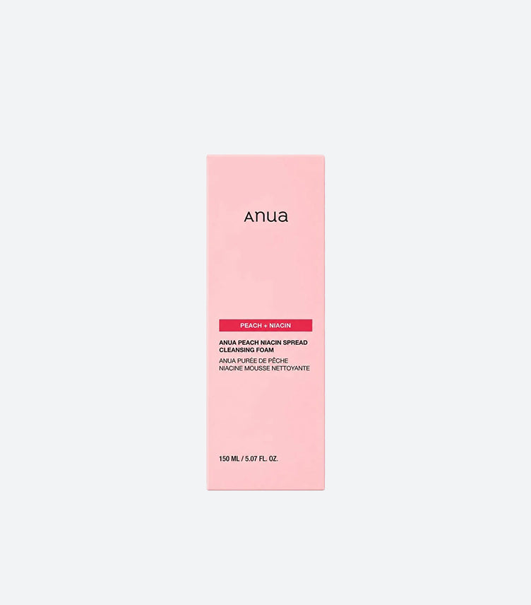 Anua Peach Niacin Spread Cleansing Foam 150ml Pink Box with Peach Plus Niacin Formula Label – K-Beauty Korean Brightening Face Wash Cleansing Foam Product Box Front View