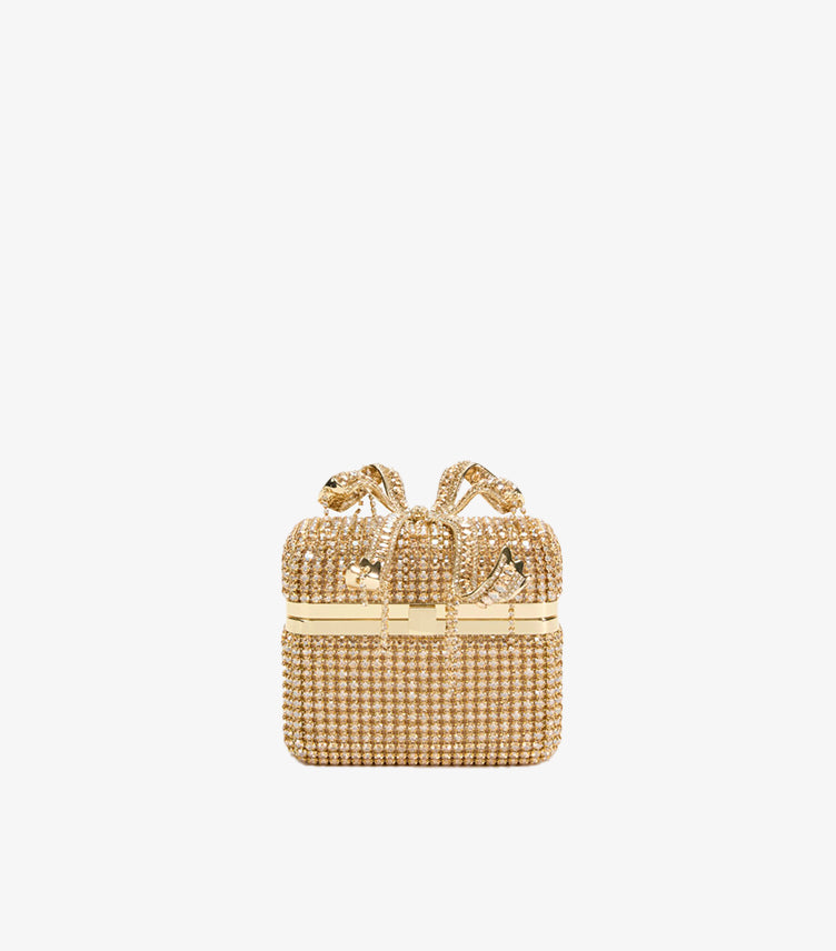 Self-Portrait gold crystal bow mini box clutch front view