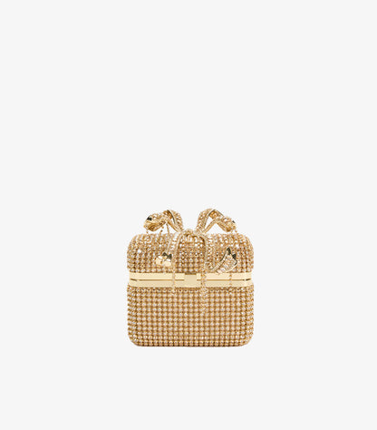 Self-Portrait gold crystal bow mini box clutch front view