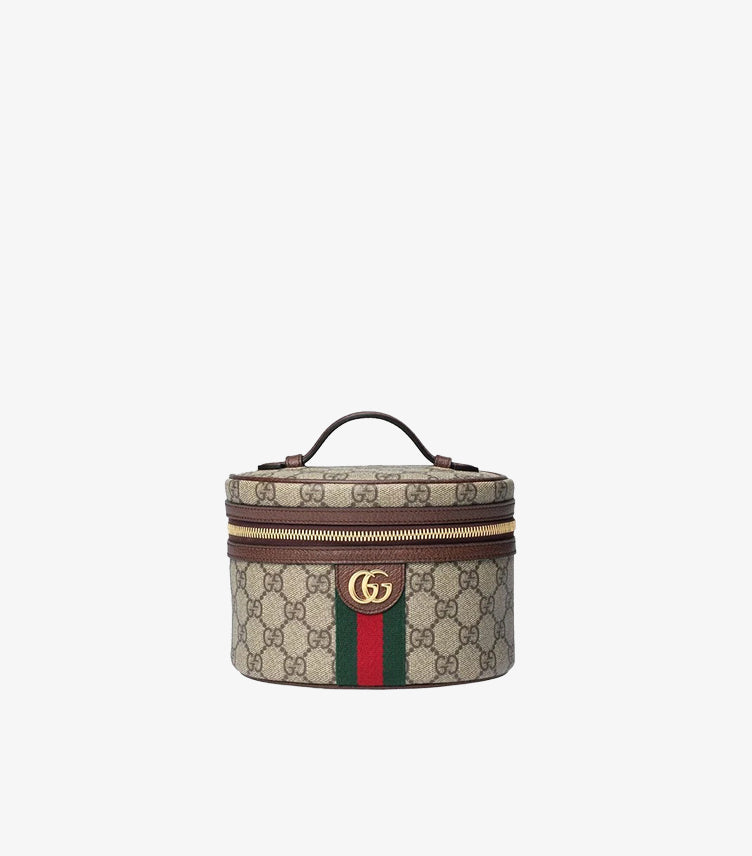 Front view of Gucci Ophidia beige monogram beauty case with brown trim, top handle and zip closure