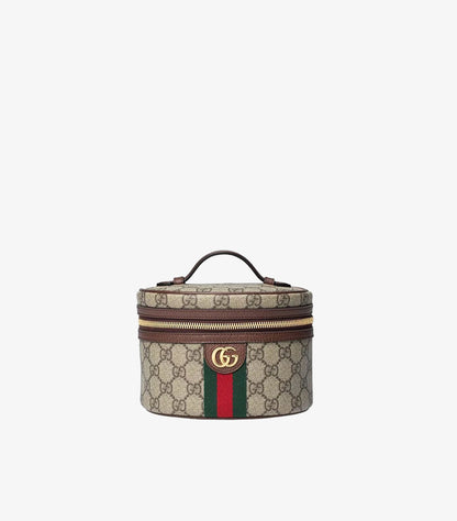 Front view of Gucci Ophidia beige monogram beauty case with brown trim, top handle and zip closure