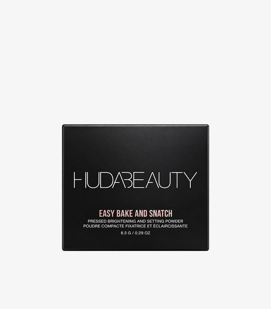 Huda Beauty Easy Bake and Snatch Pressed Brightening and Setting Powder 8.5g in black branded compact packaging for smooth, soft-focus makeup.