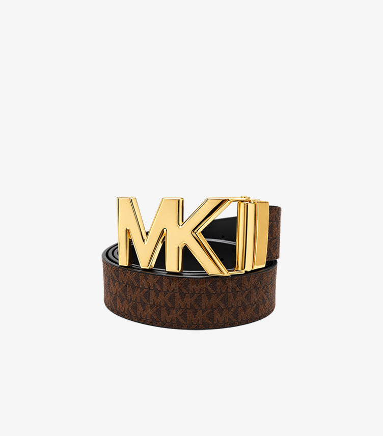 Michael Kors reversible designer belt with oversized MK logo buckle and signature monogram pattern