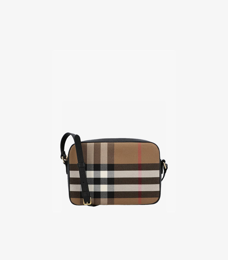 Front view of Burberry women’s Vintage Check camera bag with black trim and adjustable crossbody strap