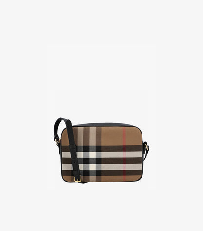 Front view of Burberry women’s Vintage Check camera bag with black trim and adjustable crossbody strap