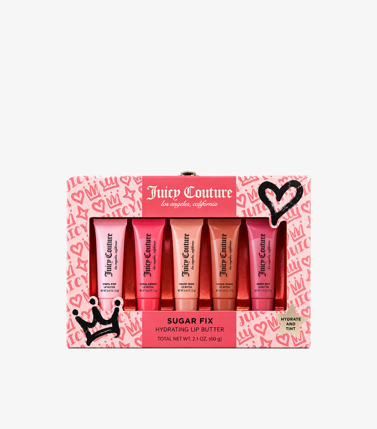Juicy Couture Sugar Fix Hydrating Lip Butter Set featuring five tinted lip butters in pink gift packaging.