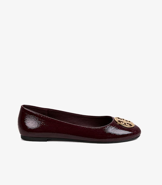 Tory Burch Claire Ballet Flat in Burgundy Patent Leather with Gold Double-T Logo – Side Profile View