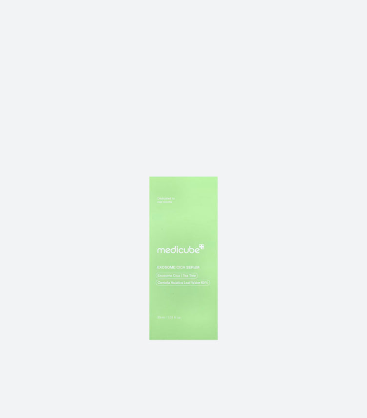 Medicube Exosome Cica Serum 40ml Lime Green Product Box Showing Exosome Cica Tea Tree and Centella Asiatica Leaf Water 60% Ingredients – K-Beauty Korean Dermatologist Skincare Serum Box Front View