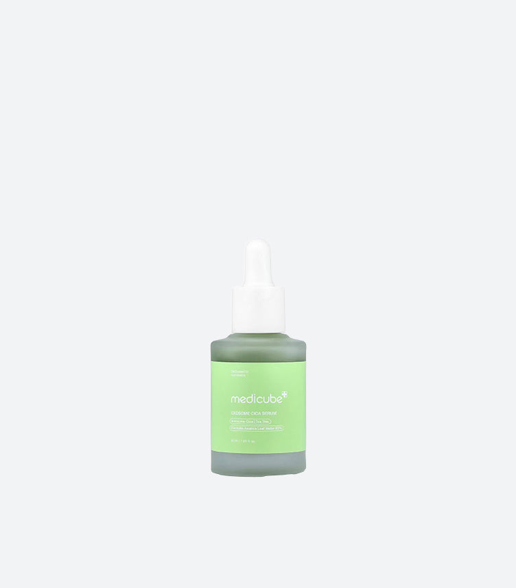 Medicube Exosome Cica Serum 40ml Dark Sage Green Glass Dropper Bottle with White Dropper Cap Showing Exosome Cica Tea Tree Centella Asiatica 60% Formula – K-Beauty Korean Barrier Repair Calming Serum Product Shot