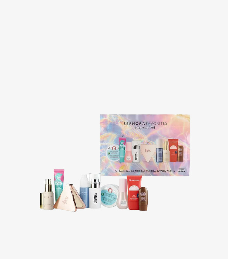 Sephora Favorites Prep & Set nine-piece makeup and skincare kit with products displayed beside the box