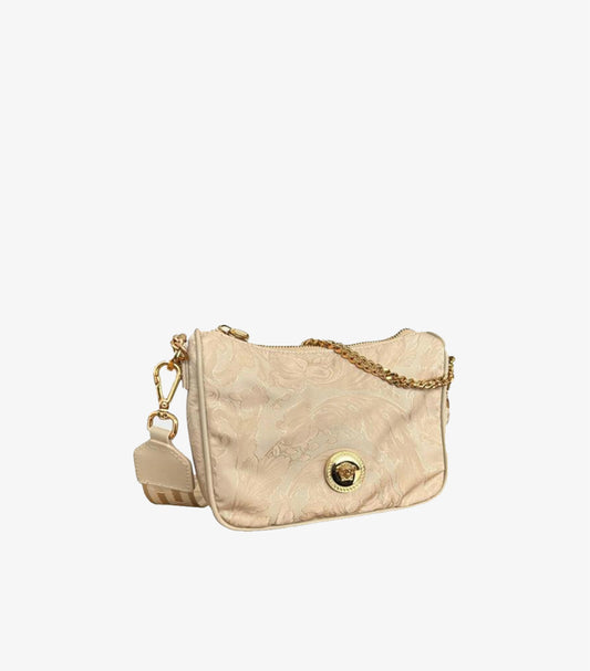 Versace Beige jacquard shoulder bag with gold chain strap on white background