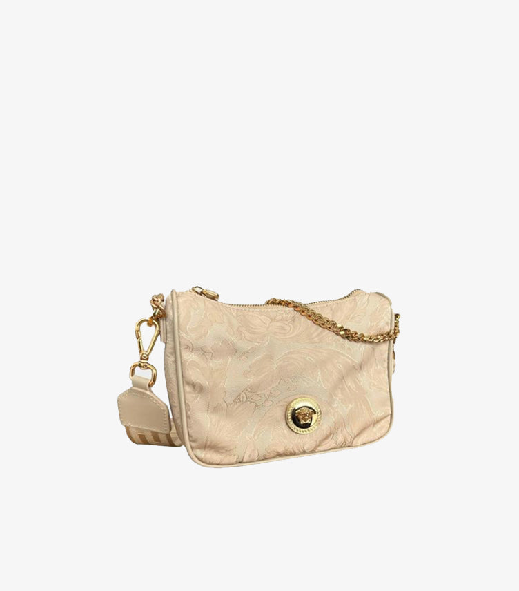 Versace Beige jacquard shoulder bag with gold chain strap on white background