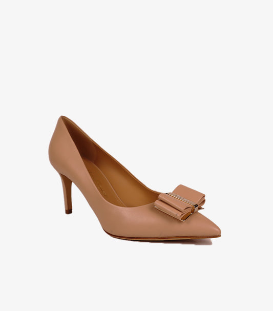 FERRAGAMO BOW DETAIL LEATHER HEEL PUMPS