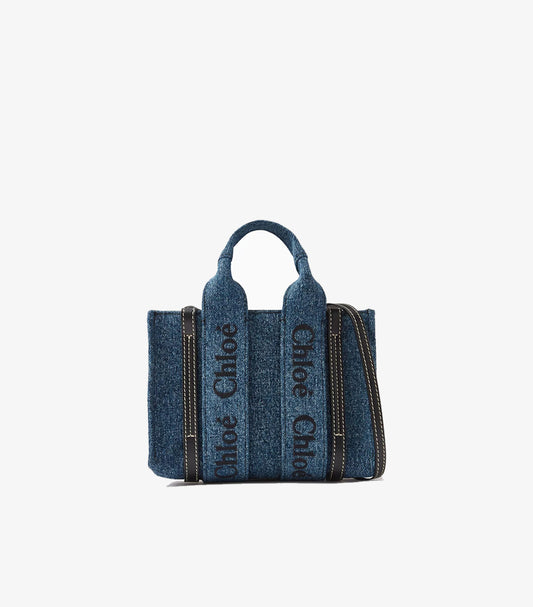 CHLOE WOODY NANO TOTE BAG – DENIM BLUE | LUXURY MINI CROSSBODY TOTE WITH LOGO DETAIL