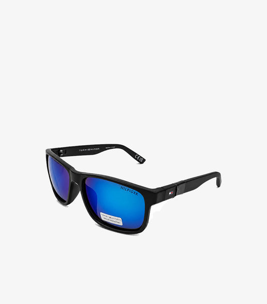 Tommy Hilfiger black sunglasses side view showing flag logo on temple