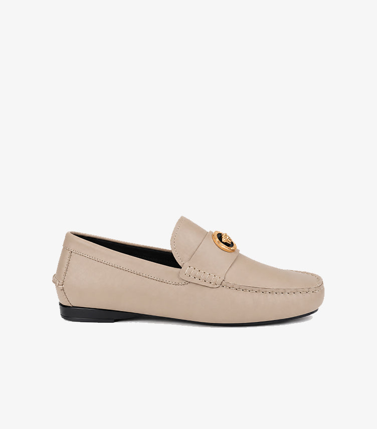 Versace men's beige Medusa leather driver loafers side view