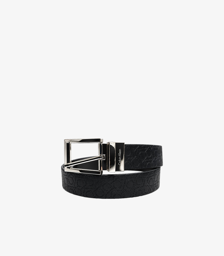 Calvin Klein black CK monogram belt with polished silver-tone pin buckle and engraved logo keeper