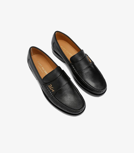 Kurt Geiger London men's black leather penny loafers pair with gold logo detail and classic slip-on design.