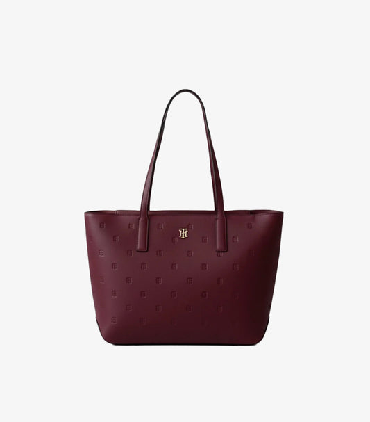 TOMMY HILFIGER WOMEN’S TOTE BAG – BURGUNDY EMBOSSED LOGO DESIGN