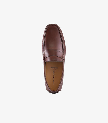 Top view of Tommy Hilfiger men’s leather driving loafer showing the penny strap and rounded moccasin toe
