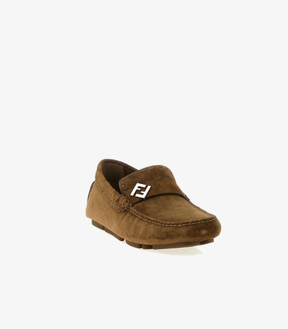 Front angled view of Fendi premium suede driving loafers with moc toe stitching and luxury finish.
