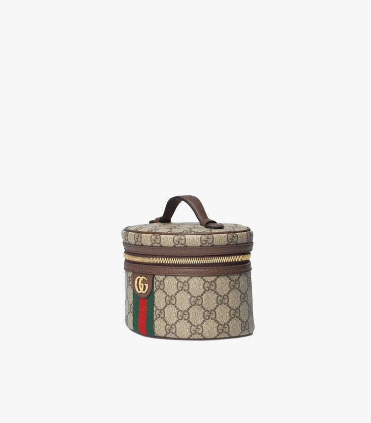 Angled view of Gucci Ophidia GG Supreme cosmetic vanity case with Web stripe and gold Double G logo