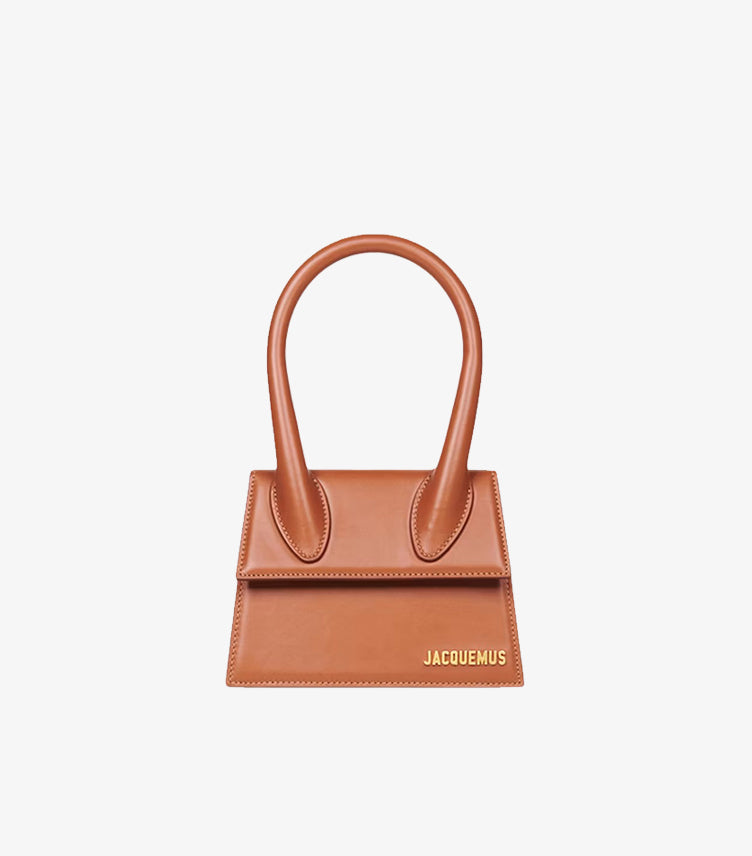 Jacquemus structured leather mini handbag front view with top handles and gold logo.