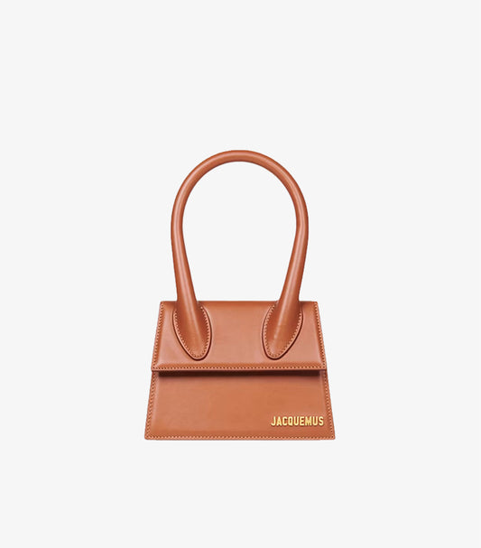 Jacquemus structured leather mini handbag front view with top handles and gold logo.