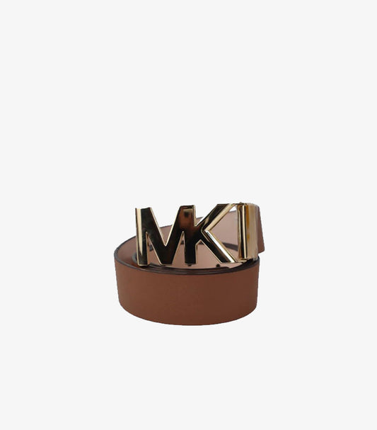 MICHAEL KORS (MK) LOGO BUCKLE LEATHER REVERSIBLE BELT – BROWN & GOLD