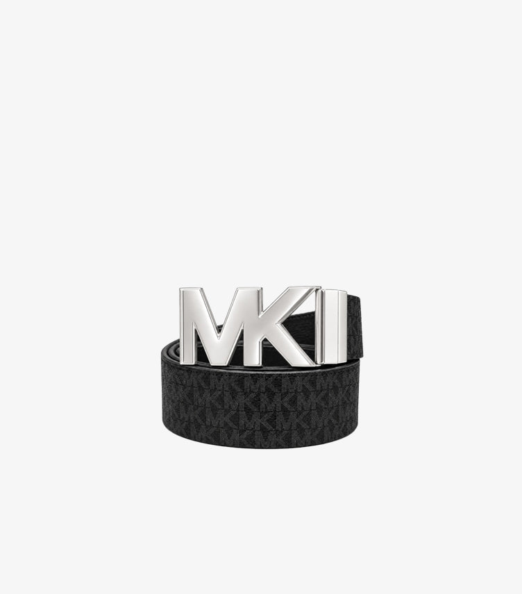 Front view of Michael Kors reversible belt with signature MK monogram print and oversized logo buckle