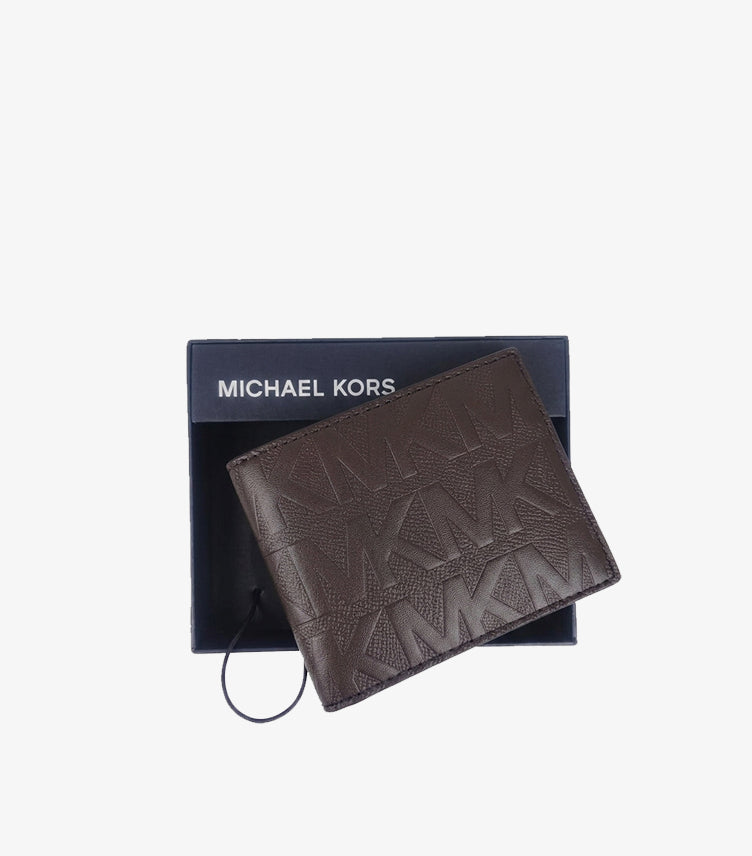 Front View of Michael Kors Brown Embossed MK Logo Slim Billfold Leather Wallet