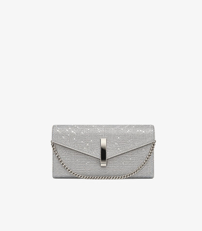 Front view of Aldo silver embellished envelope clutch bag with polished bar closure and chain strap
