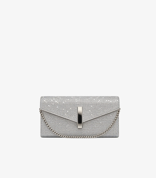Front view of Aldo silver embellished envelope clutch bag with polished bar closure and chain strap